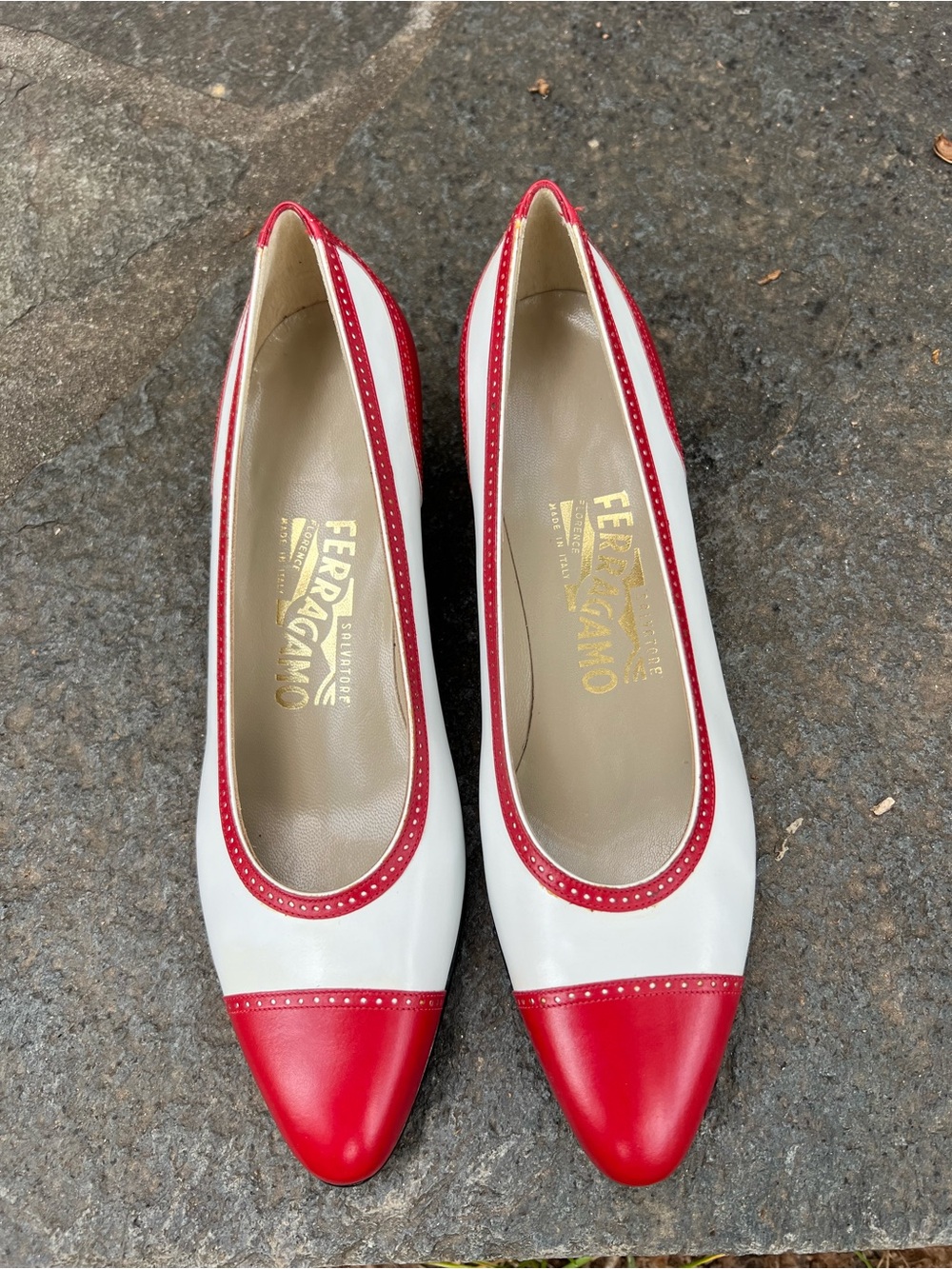 Vintage Salvatore Ferragamo White Leather Flats with Red Details / Never Worn!